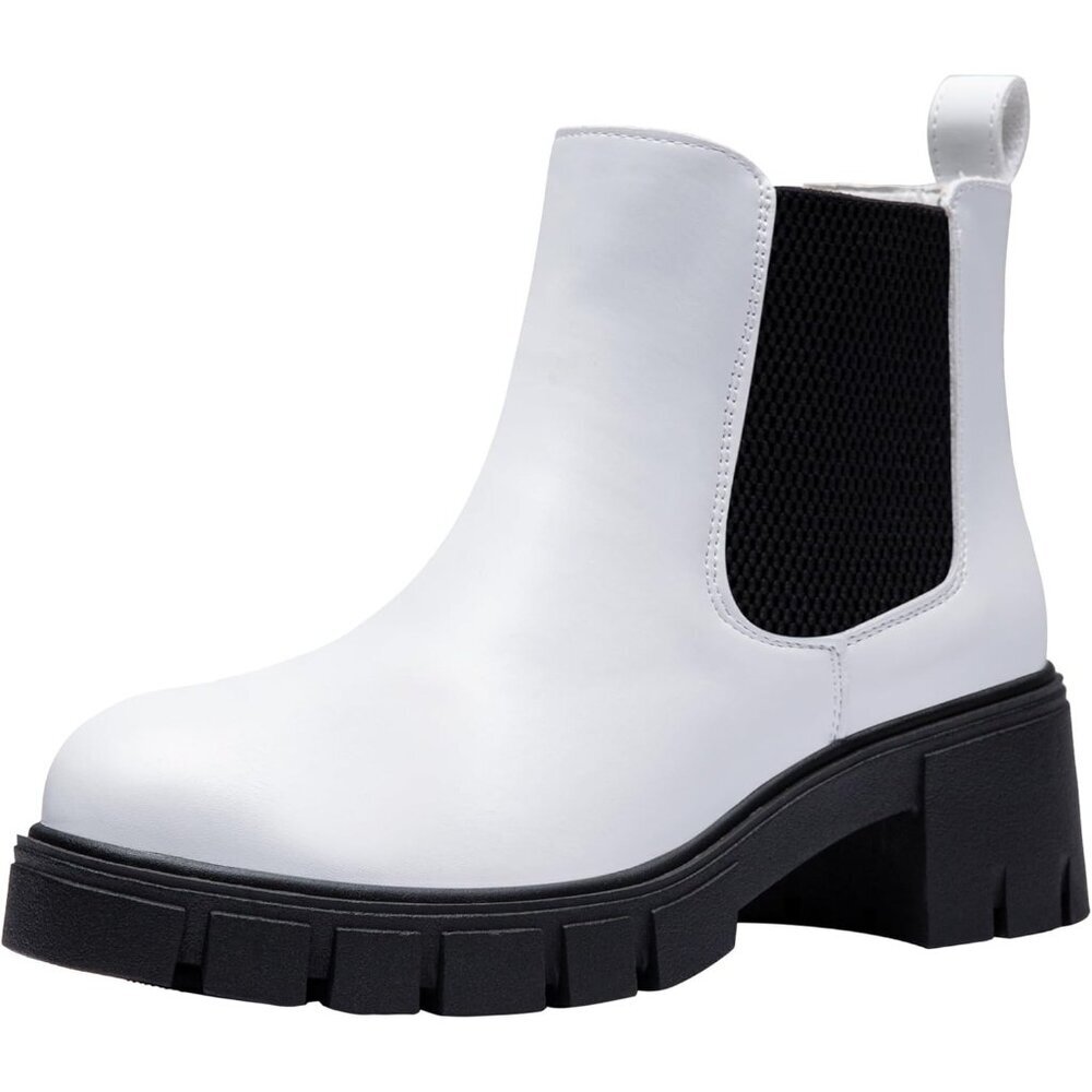 Vepose Women's White Faux Leather Lug Sole Elastic Slip on Ankle Booties